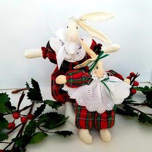 HANDMADE BUNNY RABBIT GIRL DOLL SET DRESSED IN LACE & PLAID 12" & 8"